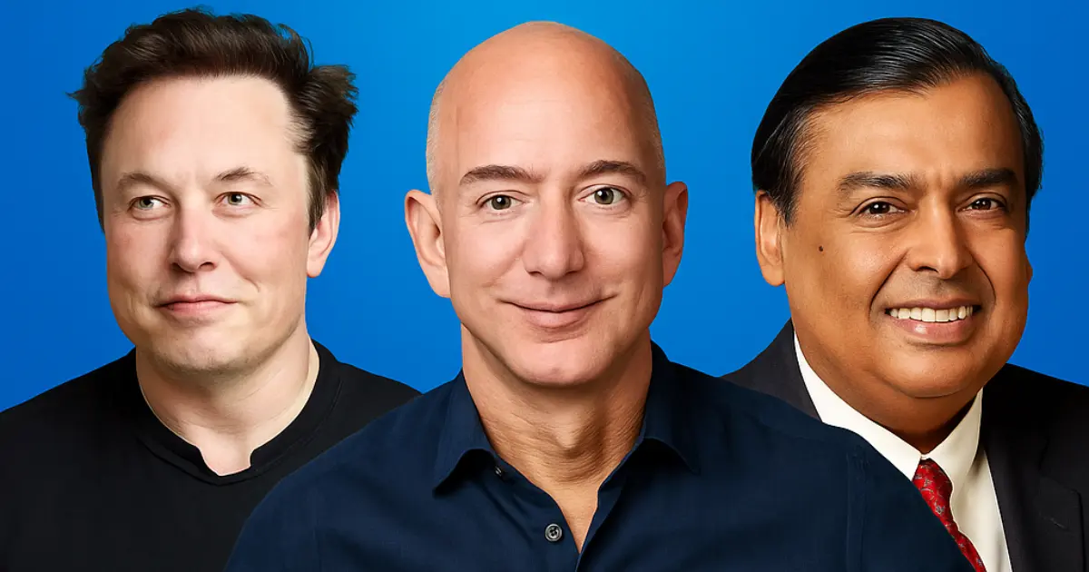 Image of Elon Musk, Mukesh Ambani, and Jeff Bezos